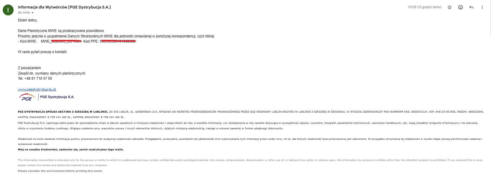 Potwierdzenie przyjęcia danych przez operatora