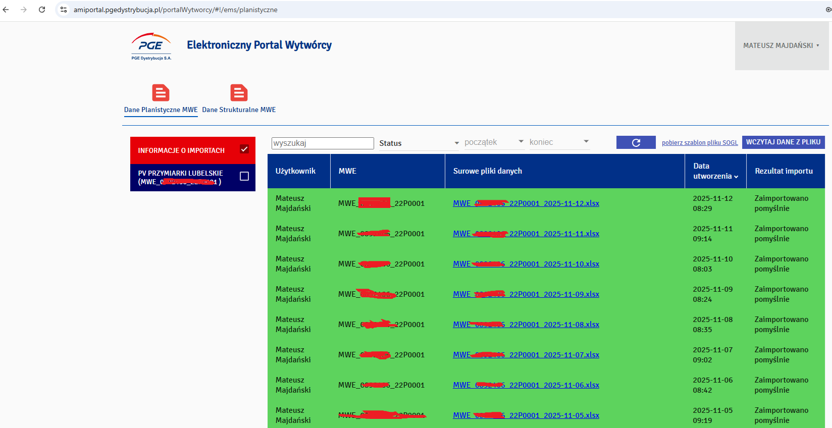 Portal operatora – podgląd planów pracy